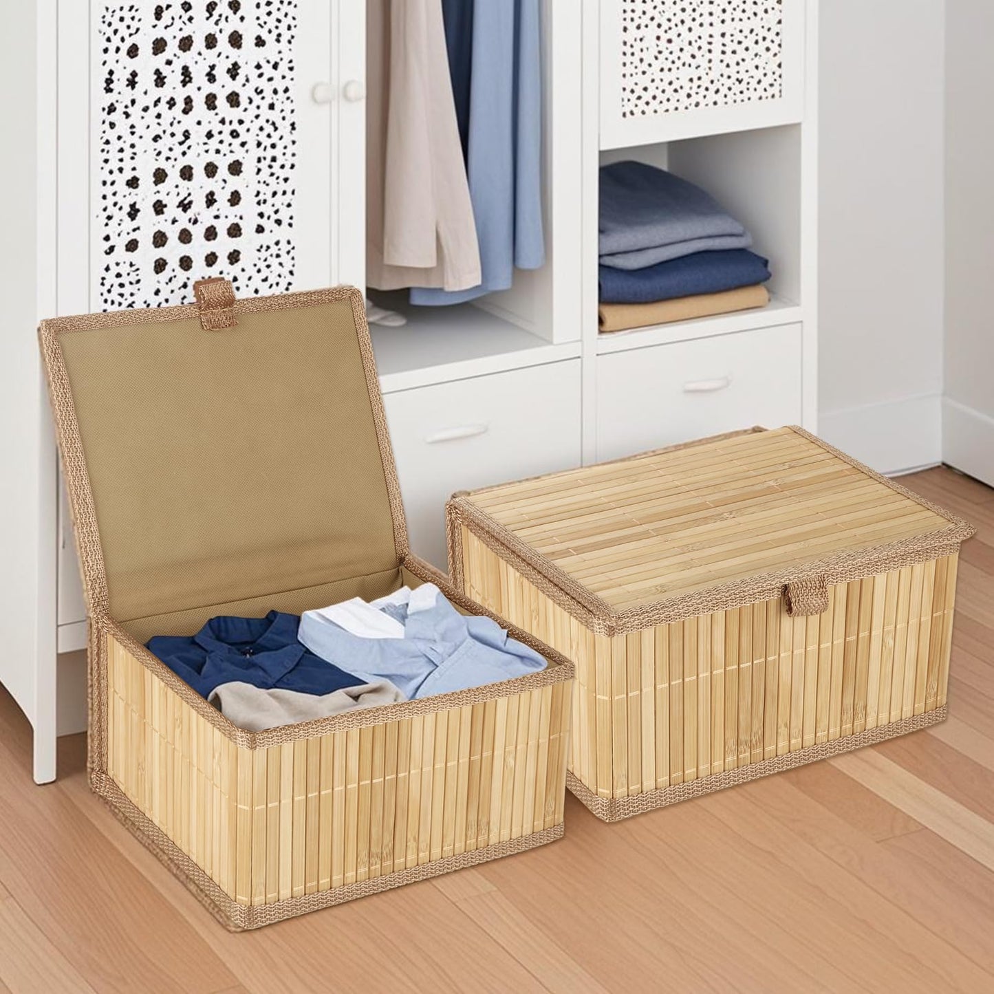 LOLYSIC Bamboo Storage Boxes with Lids, Set of 3 - Woven Decorative Baskets for Home, Kitchen, Shelf Organizer Wicker Lidded Basket, Handmade Storage Bin