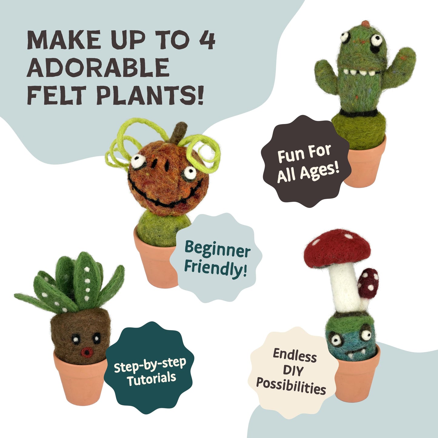 Woolbuddy Needle Felting Kit – Cactus & Succulent Felting Kit for Adults & Beginners, Beginner Needle Felting Kit with Wool Roving, Felting Needles, Foam Pad & Clay Pots | Cute DIY Craft Kit Gift