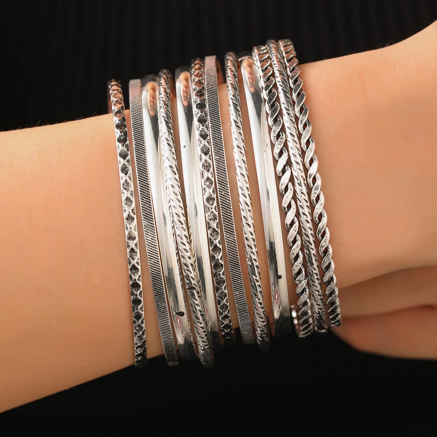 RINTOLER 12Pcs Retro Silver Bangle Bracelets Set for Women - Multi Layer Stackable Textured Bracelets Indian Bangles Boho Jewelry Set (D-12PC-Retro Silver)