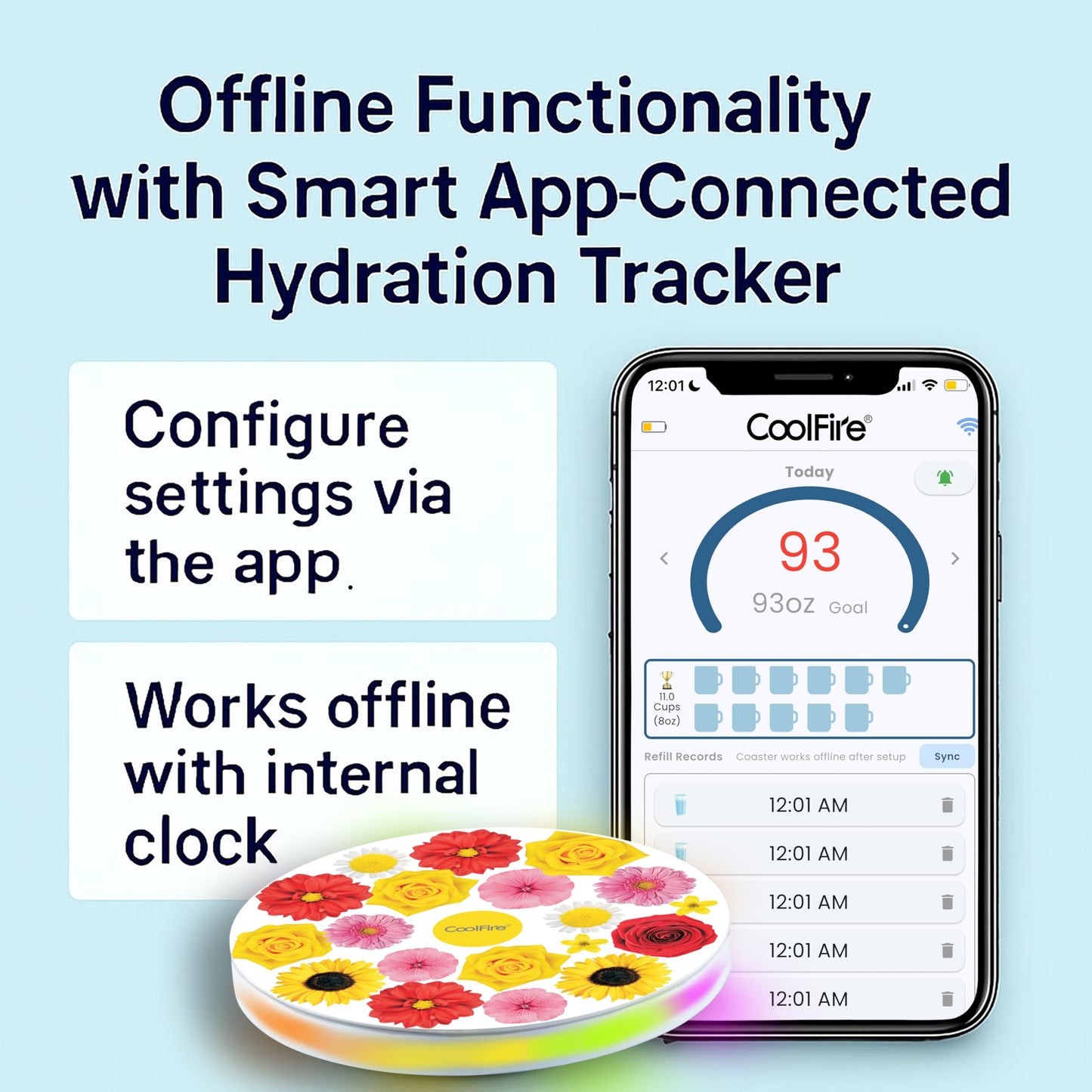 CoolFire Self-Care Gift – Smart Hydration Reminder Coaster with Voice (English only) Alerts, Ambient Light & Changeable Mood Covers for Pregnancy, ADHD, Stress Relief & Everyday Wellness (F)