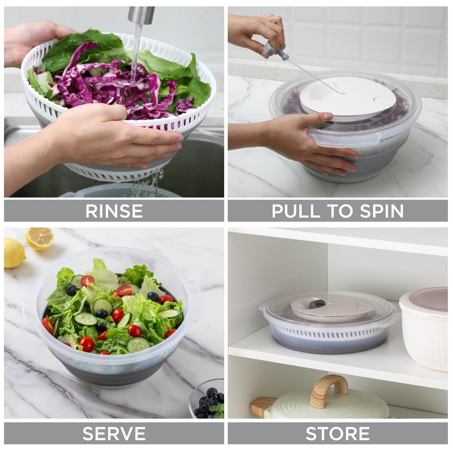 COOK WITH COLOR Collapsible Salad Spinner - 4 QT Space Saving Lettuce Dryer with Folding Collapsible Colander Great for Washing and Drying Fruit and Vegetables (Grey)