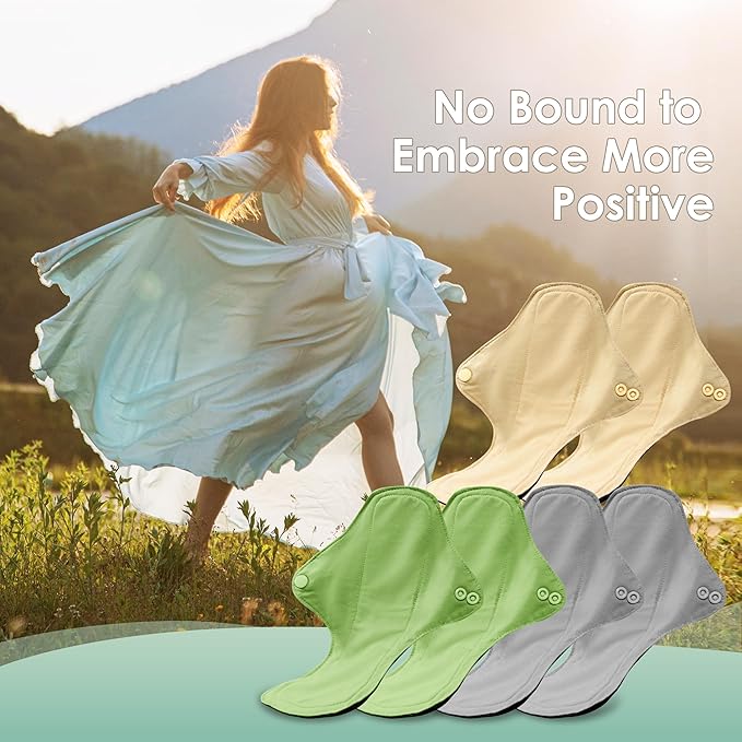 wegreeco 6 Pcs Reusable Menstrual Pads, Ultra Absorbent Cloth Pads for Heavy Flow, Sanitary for Teens, Women, Nonslip Panty Liners + Bag (Mustard Yellow, Grey, Beige, L)