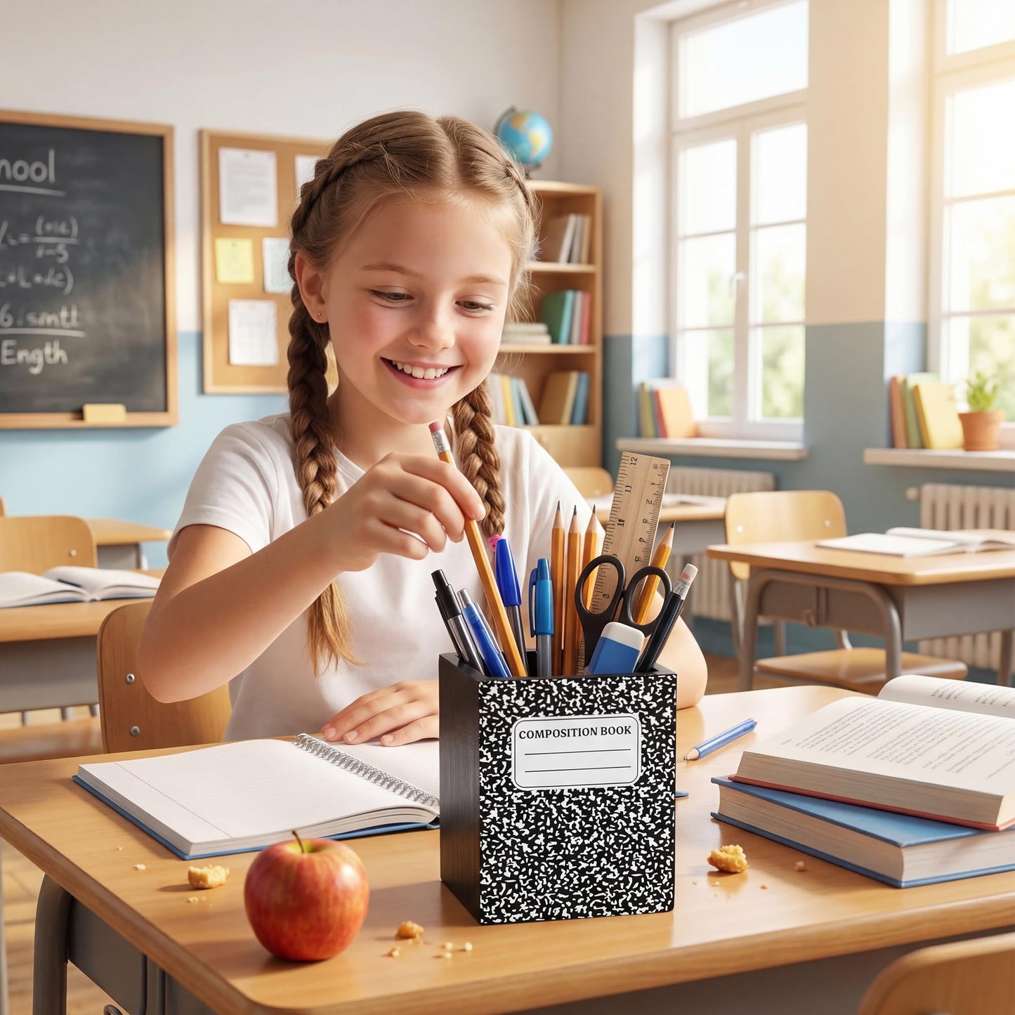 MALLMALL6 Composition Pencil Holder - Teacher Appreciation Gift Wooden Pen Holder, Back to School Square Shape Caddy Case for Teacher Student, Desktop Storage Organizer for Classroom Office Decor