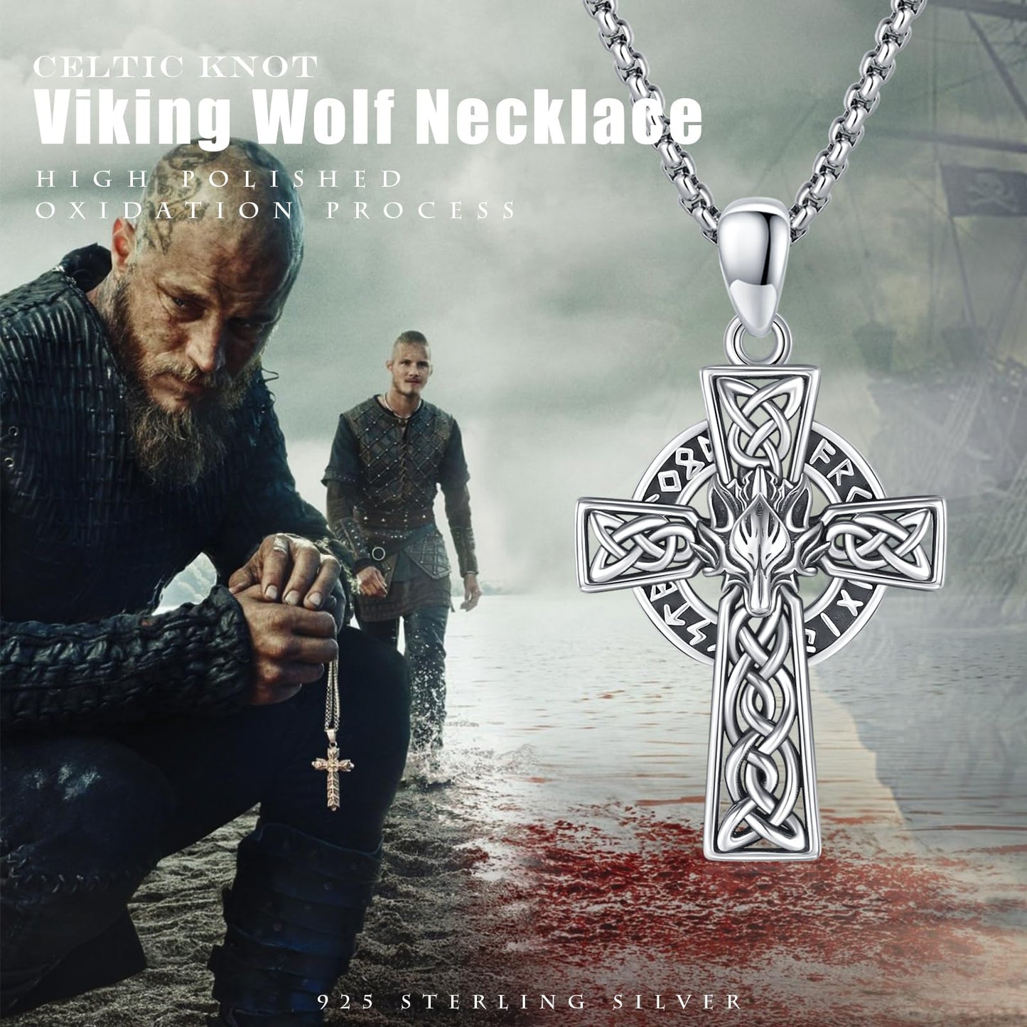 YEESIA Wolf Celtic Cross Necklace, 925 Sterling Silver Norse Gothic Viking Jewelry for Men Women, Unique Valentines Day Gifts for Teens Boyfriend, Adjustable Unisex Accessory