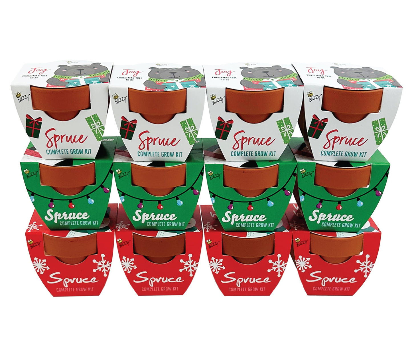 BUZZY Seeds Holiday Mini Spruce Kit 12-Pack – Terracotta Pots with Bear, Penguin, and Snowman Designs, All-in-One Tree Seed Starter Set, Stocking Stuffer, Party Favor