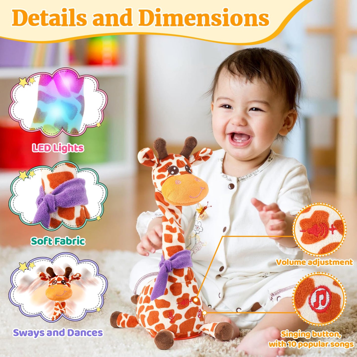 Dancing Talking Giraffe Baby Toy, Giraffe Stuffed Animal Interactive Toy, Repeating What You Say, Singing 10 Children's Song, Glow & Melody Giraffe Plush Toy for Toddlers 1-3 Years Old (Spotted deer)