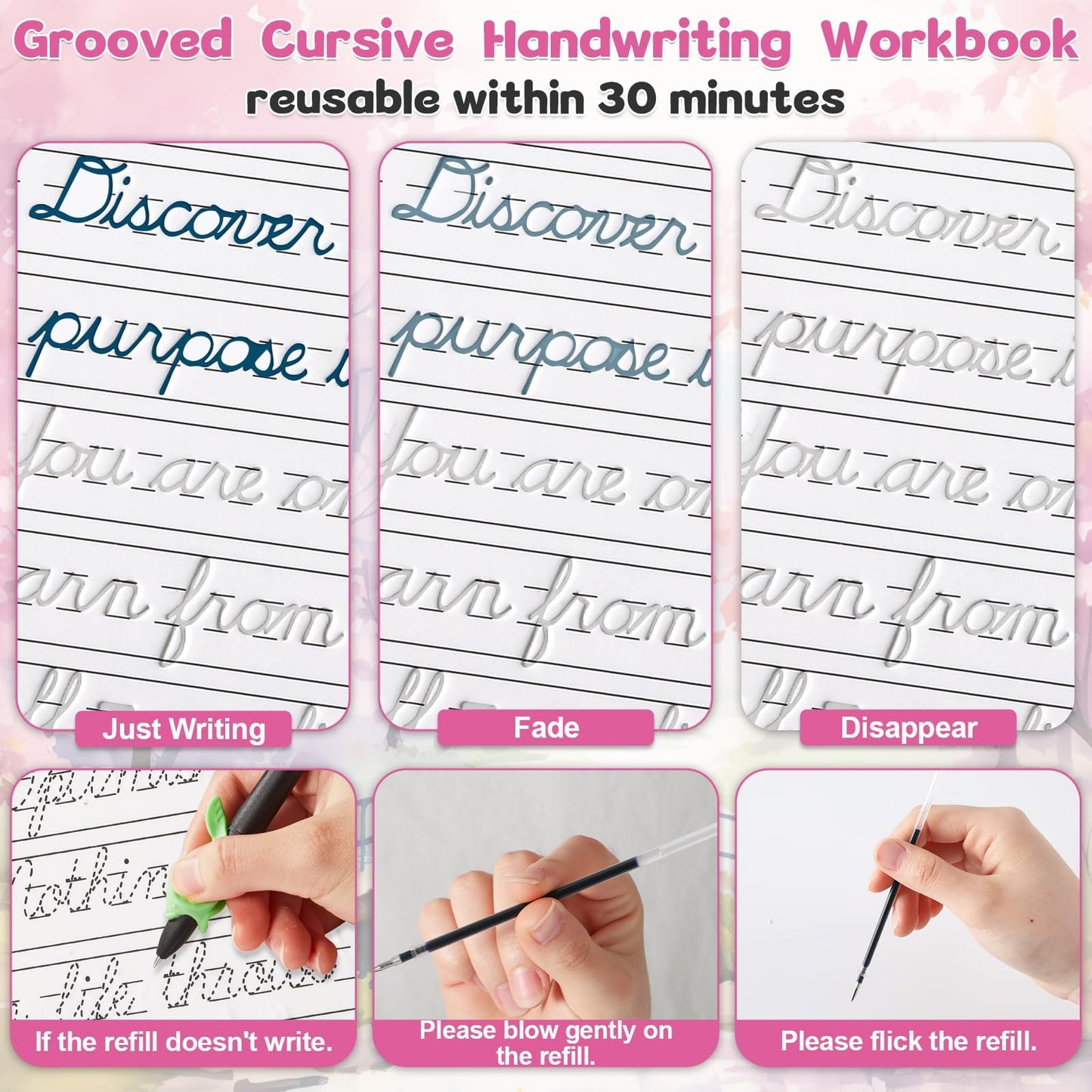 gisgfim Grooved Cursive Handwriting Workbook Magic Reusable Grooved Cursive Handwriting Practice Guided Tracing with Disappearing Ink Pens for Beginner Learning Activities Supplies (Inspiring Quotes)