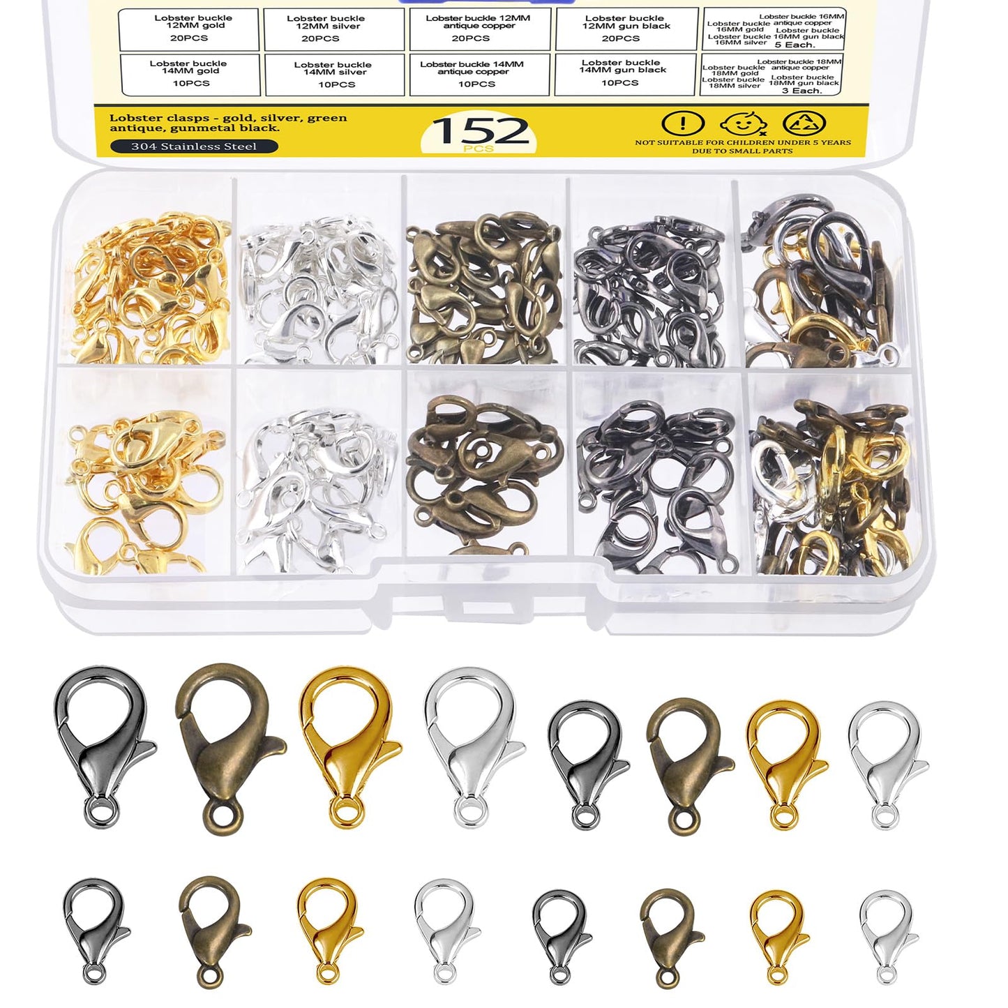 Mardatt 152Pcs 4 Sizes Mixed Color Lobster Claw Clasps Kit - 12mm, 14mm, 16mm, 18mm for DIY Bracelet & Necklace (Silver, Gold, Gun Black, Bronze)