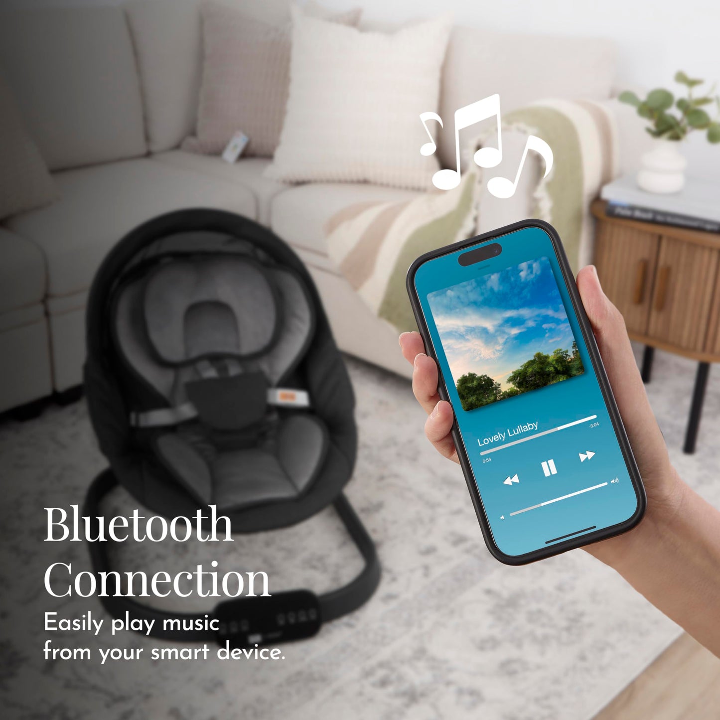 Evolur Comfort Cocoon Baby Swing with TUYA Voice Control, 5-Speed Sway with Remote, Touchscreen Motion & Music, Removable Canopy & Toys, 5-Point Safety Harness – Black