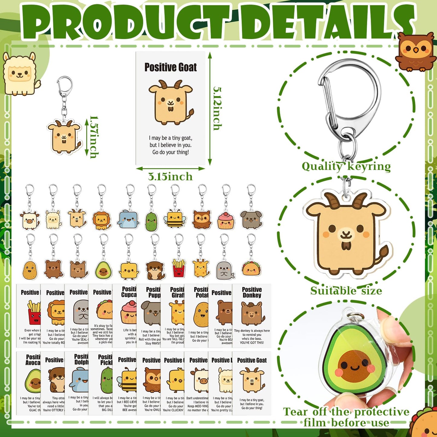 Kigeli 20 Sets Positive Keychains Bulk Employee Appreciation Gifts Acrylic Thank You Animal Keychains for Office Employee Coworker
