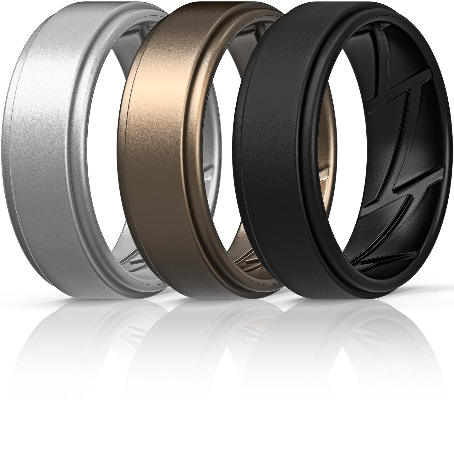 ThunderFit Silicone Wedding Rings for Men Breathable Airflow Inner Grooves, Step Edge Sleek Design Rubber Engagement Bands 8mm Wide 2mm Thick, Variety Multipack 1-7