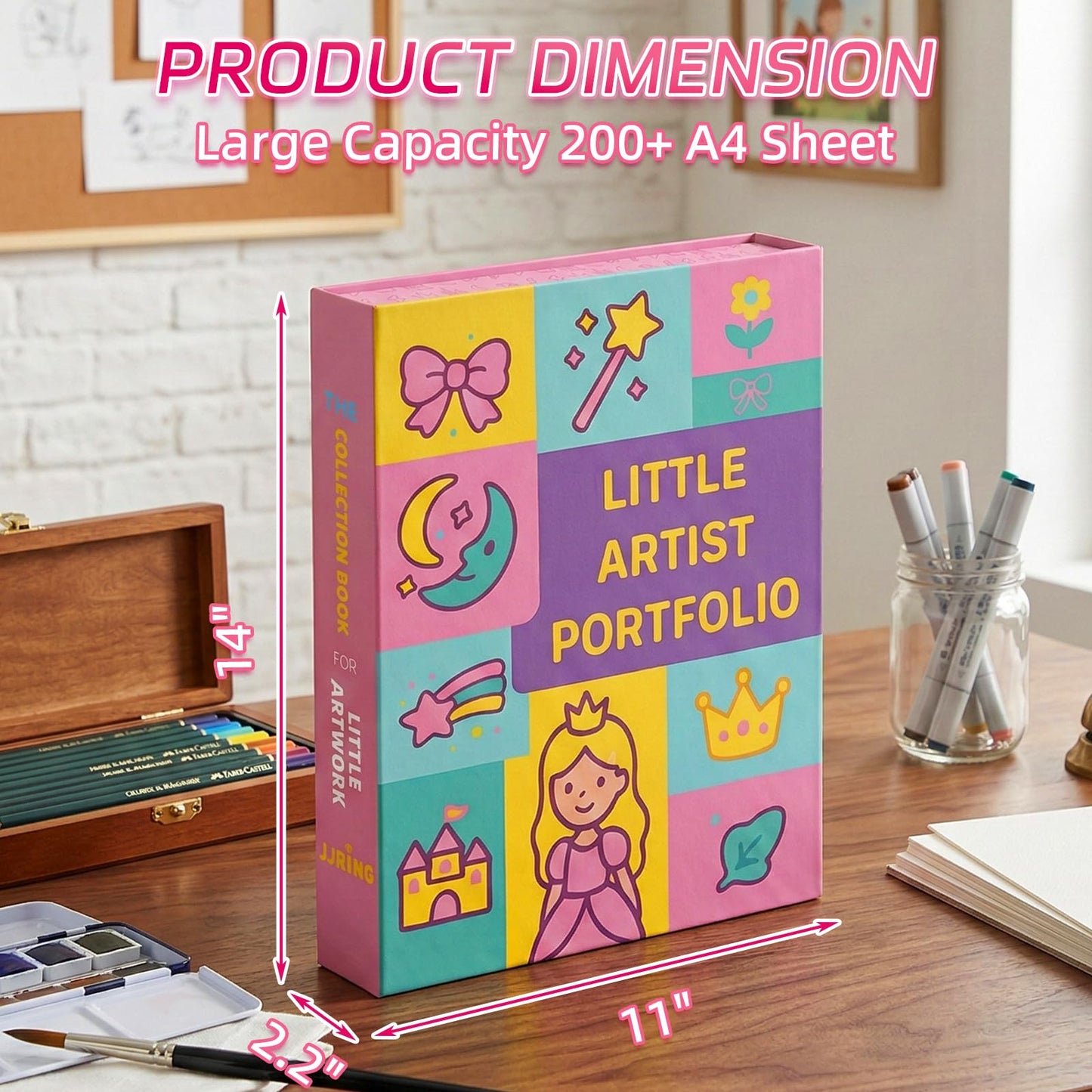 JJRING 9x12 Foldable Art Portfolio Storage Box with Elastic Bands, Student Artwork Keepsake & Professional Document Organizer Folder For Drawings and Classroom Use (Pink)