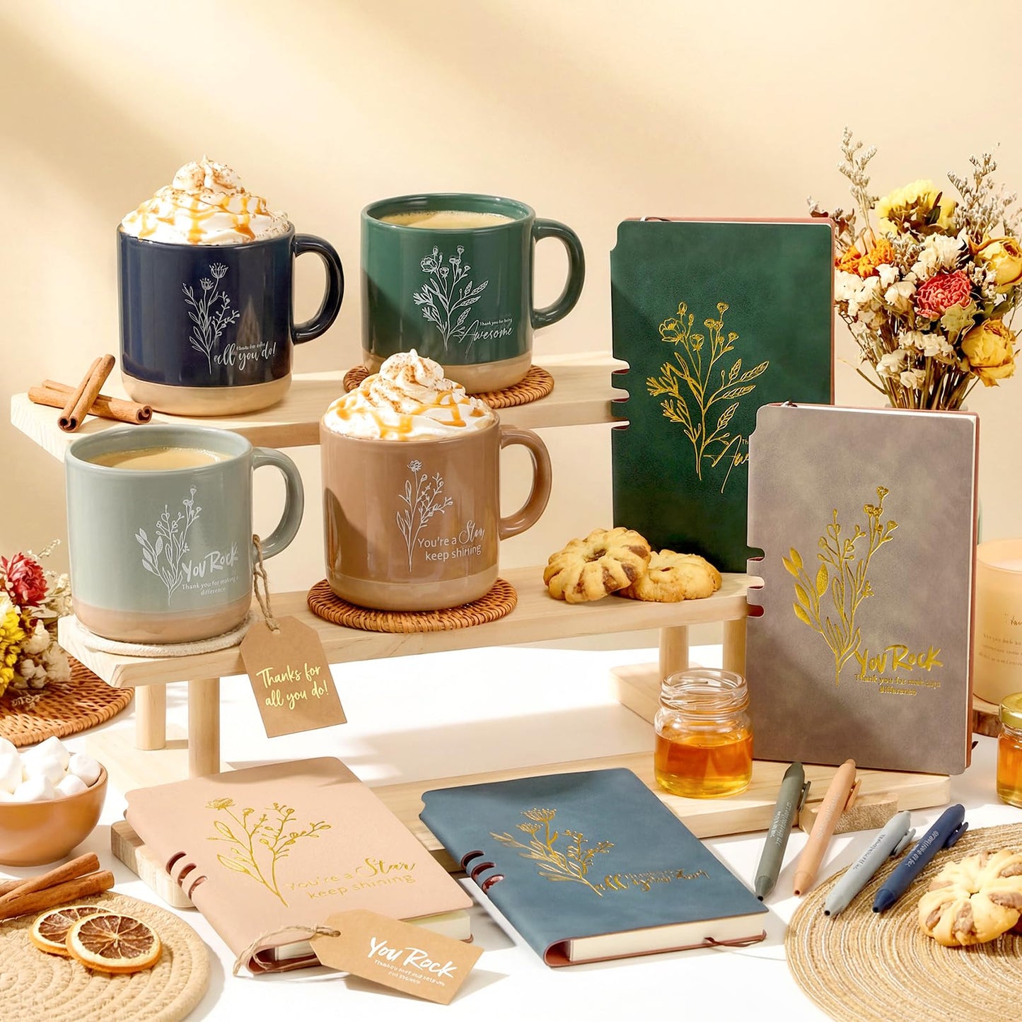 Didaey 4 Sets Employee Appreciation Gifts Set 13oz Boho Floral Ceramics Coffee Mugs with A6 Leather Notebooks Ballpoint Pens Bulk Christmas Thank You Gift for Coworkers Staff Team Nurse