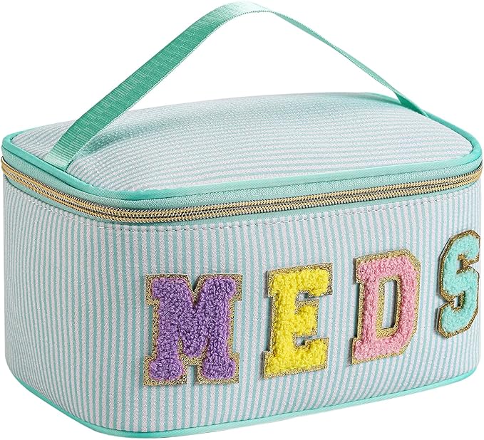 uekeboag Personalized Chenille Letter Seersucker MEDS Makeup Bag,Large Size Medicine RX Cosmetic Bag with Top Handle, First Aid Travel Organizer Bag for Women Girls(02Light Green)