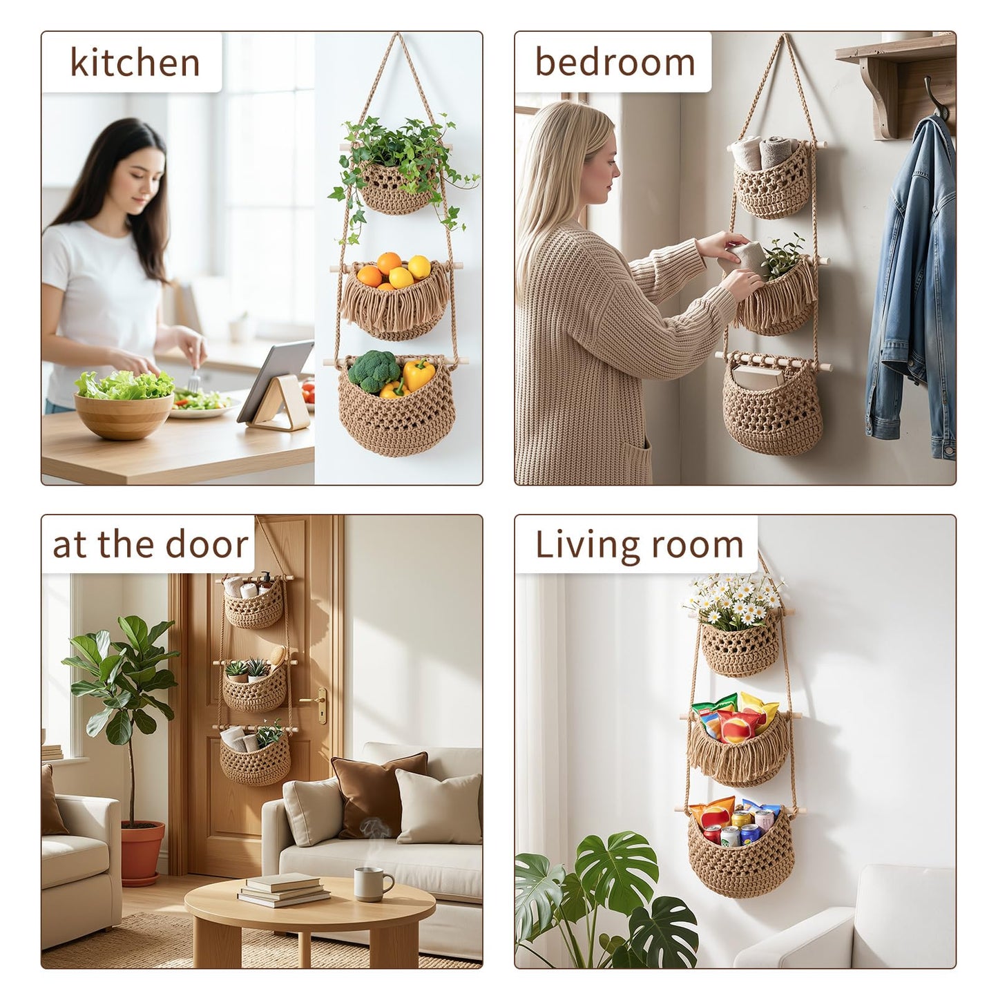 SFSSCDF 3 Tier Hanging Fruit Basket for Kitchen, Macrame Produce Hammock for Potato and Onion Storage, Handwoven Cotton Rope Wall Hanging Vegetable Baskets, Boho Kitchen Decor & Space Saver