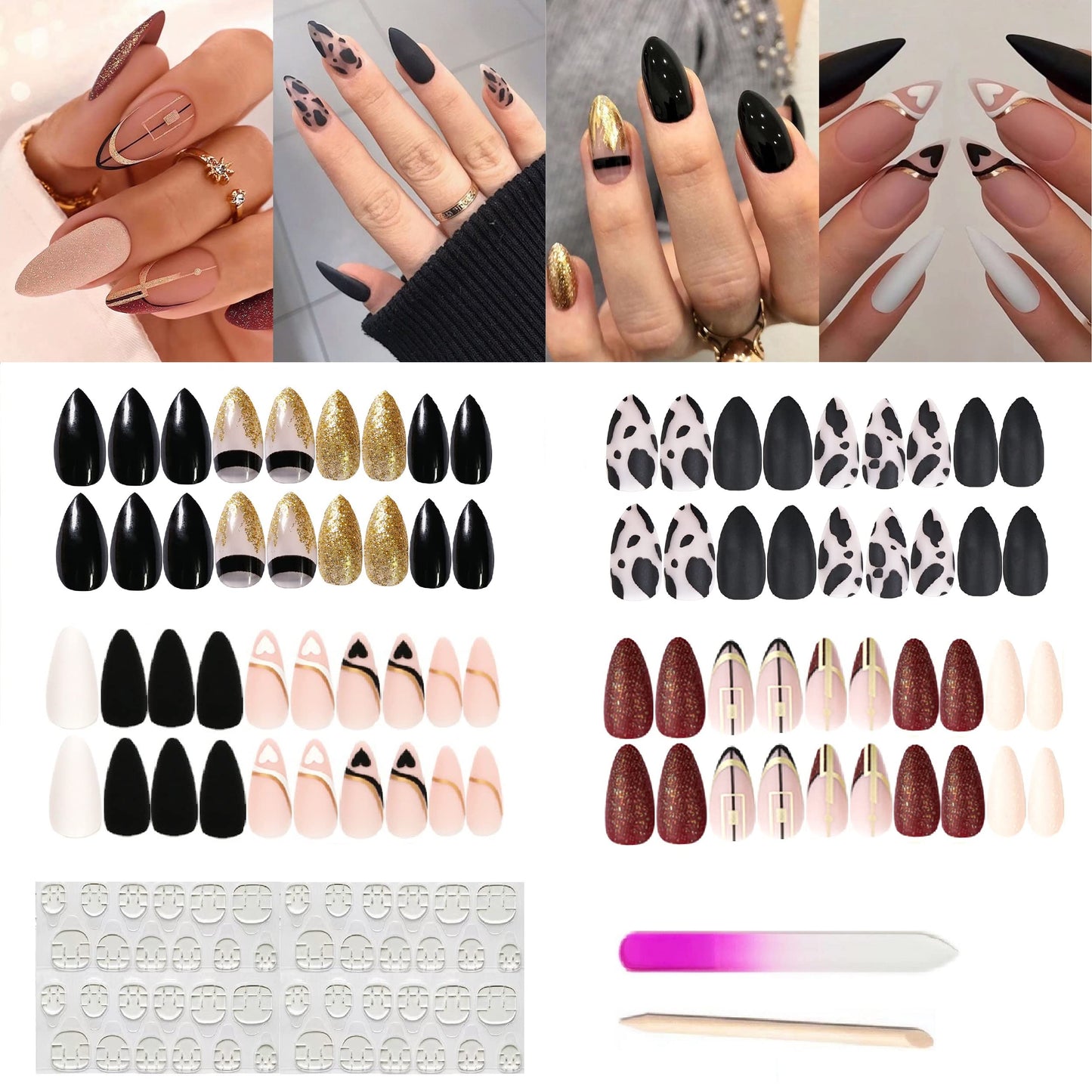 4 Packs (96 Pcs) Press on Nails Medium Gold & Black Almond Design, MMonesu Matte Fake Nails Glue on Nails Set with Adhesive Tabs Nail File for Women