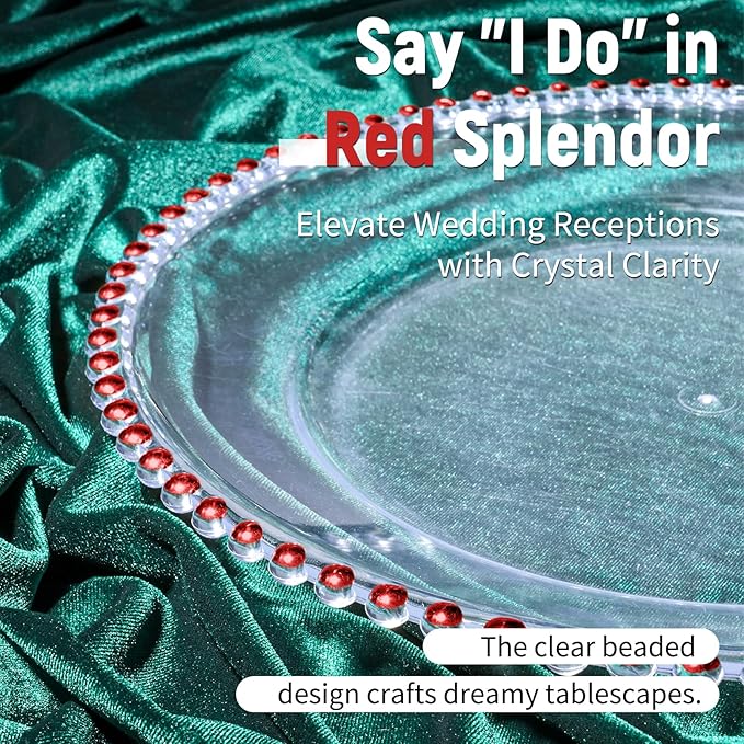 12 Pack Clear Charger Plates Bulk Wedding, 13 Inch Plastic Round Dinner Chargers with Red Beaded Rim, Acrylic Round Decorative Plates for Wedding Party Home and Tabletop Decor (Red)