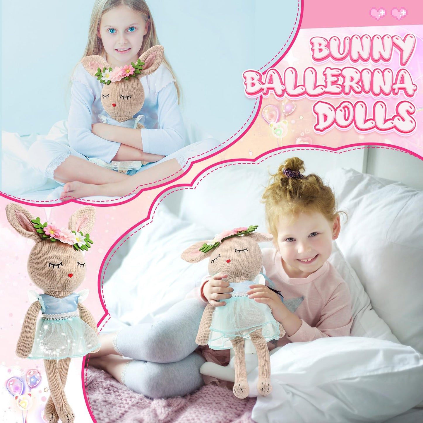 Meooeck 2-piece 16 Inch Bunny Ballerina Doll - Cute Soft Bunny Stuffed Animal Knitted Ballerina Toy, 2 Colors