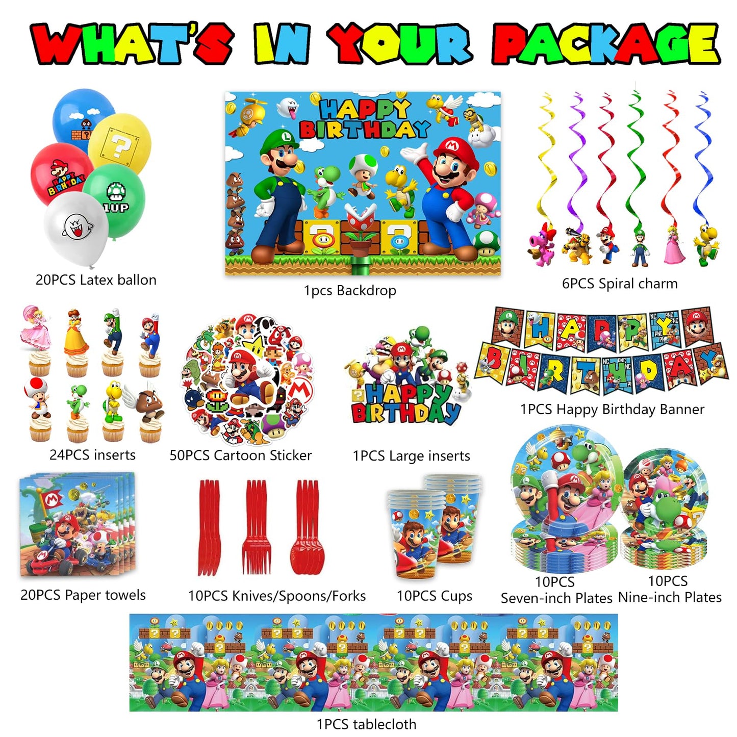 Birthday Party Supplies Ultimate Kit - 14-in-1 Decorations Set with Banner, Backdrop, Tablecloth, Balloons, Plates, Cutlery, Cake Toppers for Themed Parties
