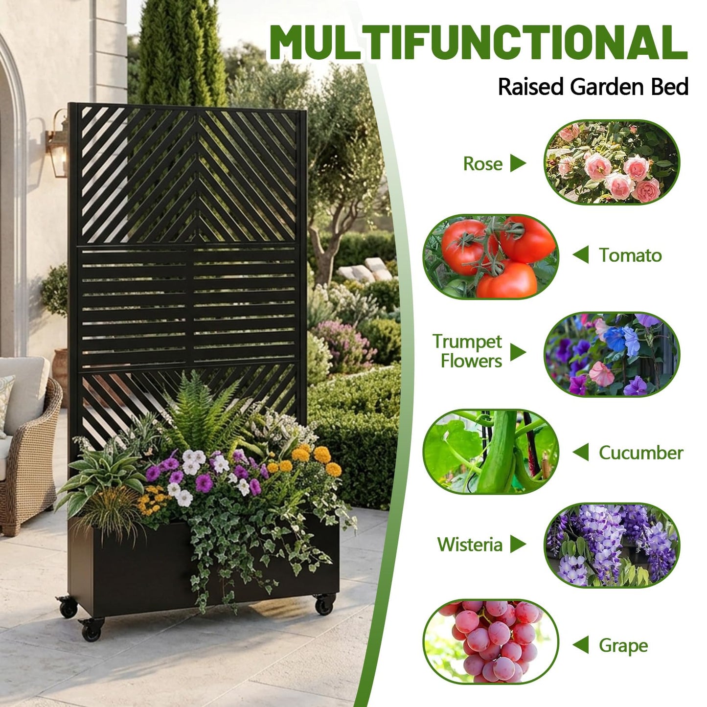 73.21" H×35.43”W Metal Planter Box with Trellis & Wheels, Outdoor Privacy Planters for Patio, Mobile Raised Garden Bed with Trellis for Climbing Plants, Balcony & Backyard (Black 3)