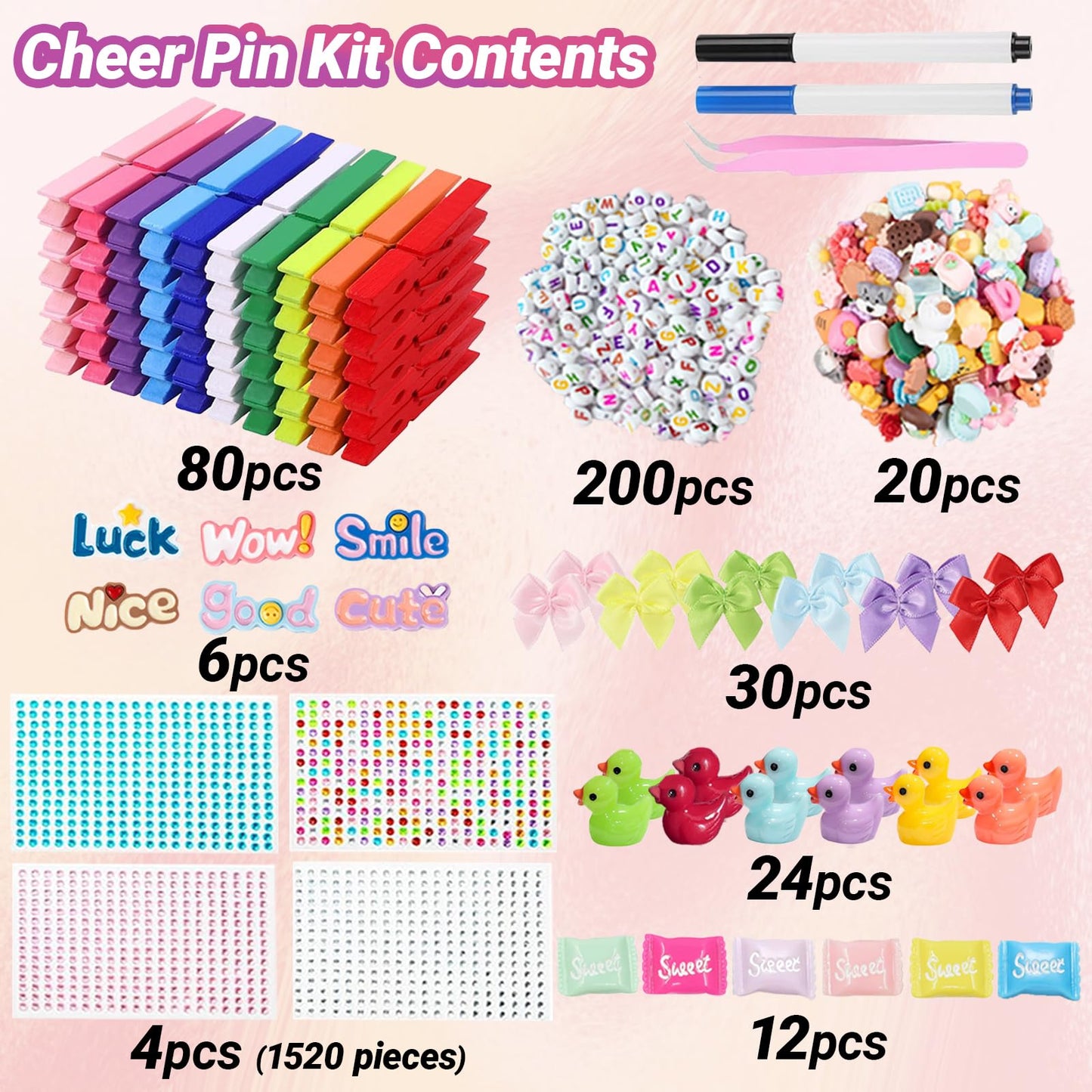 Hodvya 80 PCS Cheer Pins Spirit Clips Include 80 PCS Colored Wooden Clothes pins 99 Pcs Mini Resin Ducks Animals mini Bows and Stickers Pen 200 Beads Pearls Cheer pins for Cheerleaders