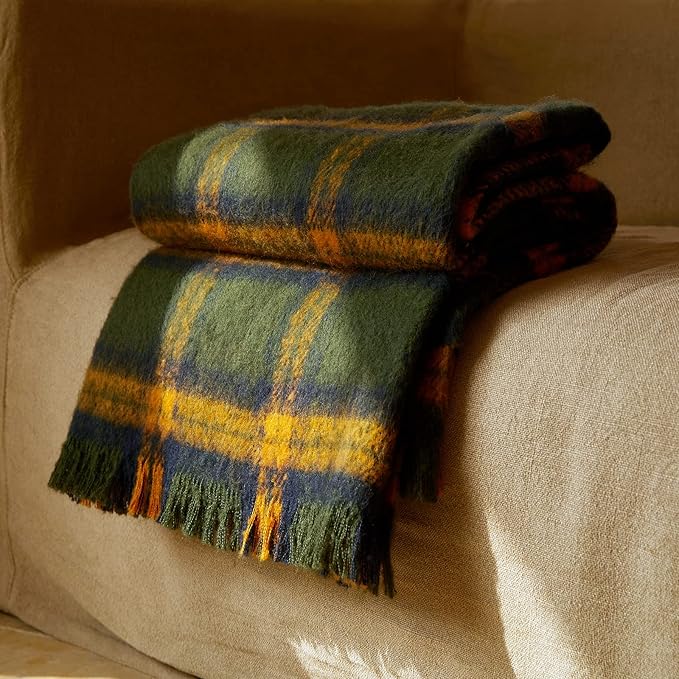 ZonLi Green Plaid Throw Blanket for Couch, Fall Throw Blanket for Home Decor, Soft Lightweight Cozy All Season Decorative Vintage Blankets with Tassel for Bed and Sofa, 50'' x 60''