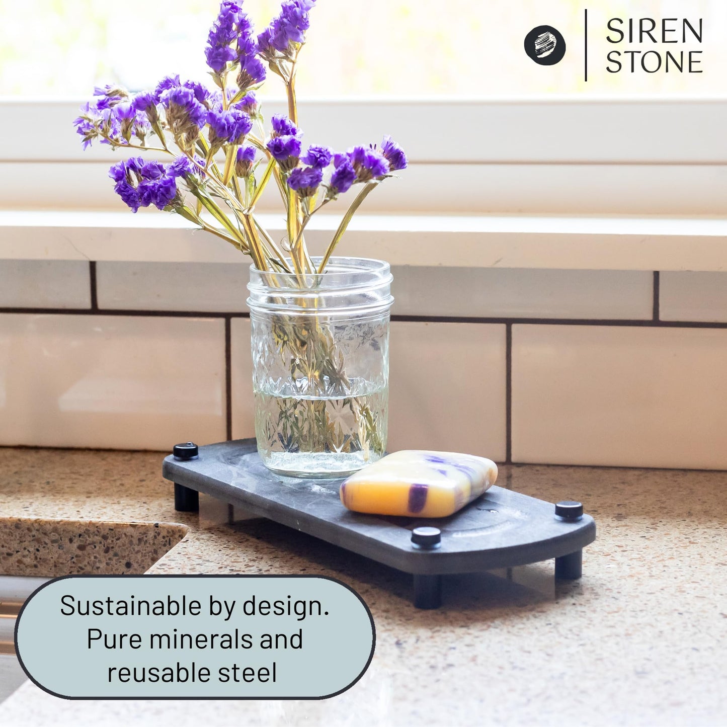 Siren Stone Premium Sink Caddy – Water-Absorbing Diatomaceous Earth Tray for Sink, Elevated Stainless Steel Feet, Non-Toxic, Fast-Drying, Kitchen or Bathroom