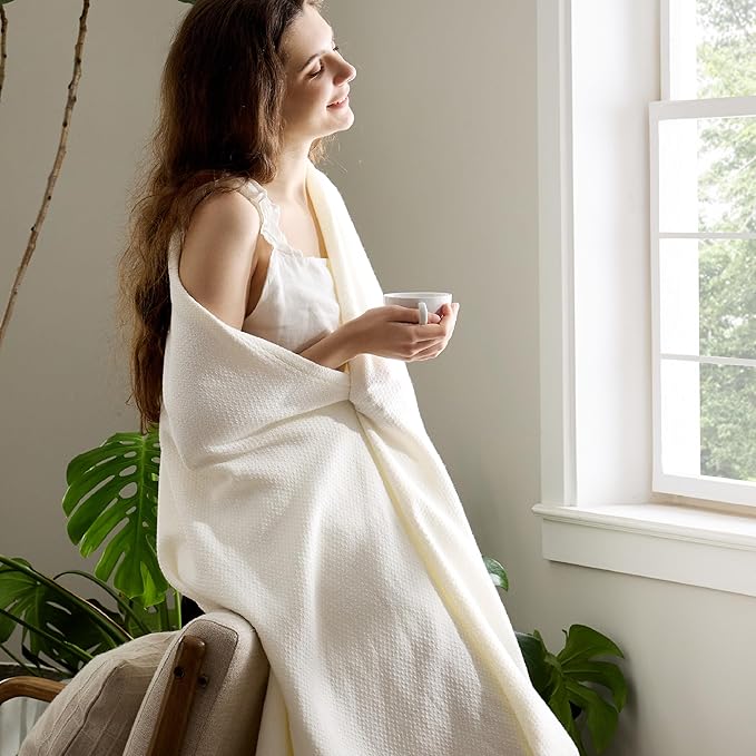 Bedsure 100% Cotton Blanket Twin XL Size for Bed - Breathable and Lightweight, Soft Cozy Textured Herringbone Woven Blanket for Summer Spring, Ivory, 66x90 inches
