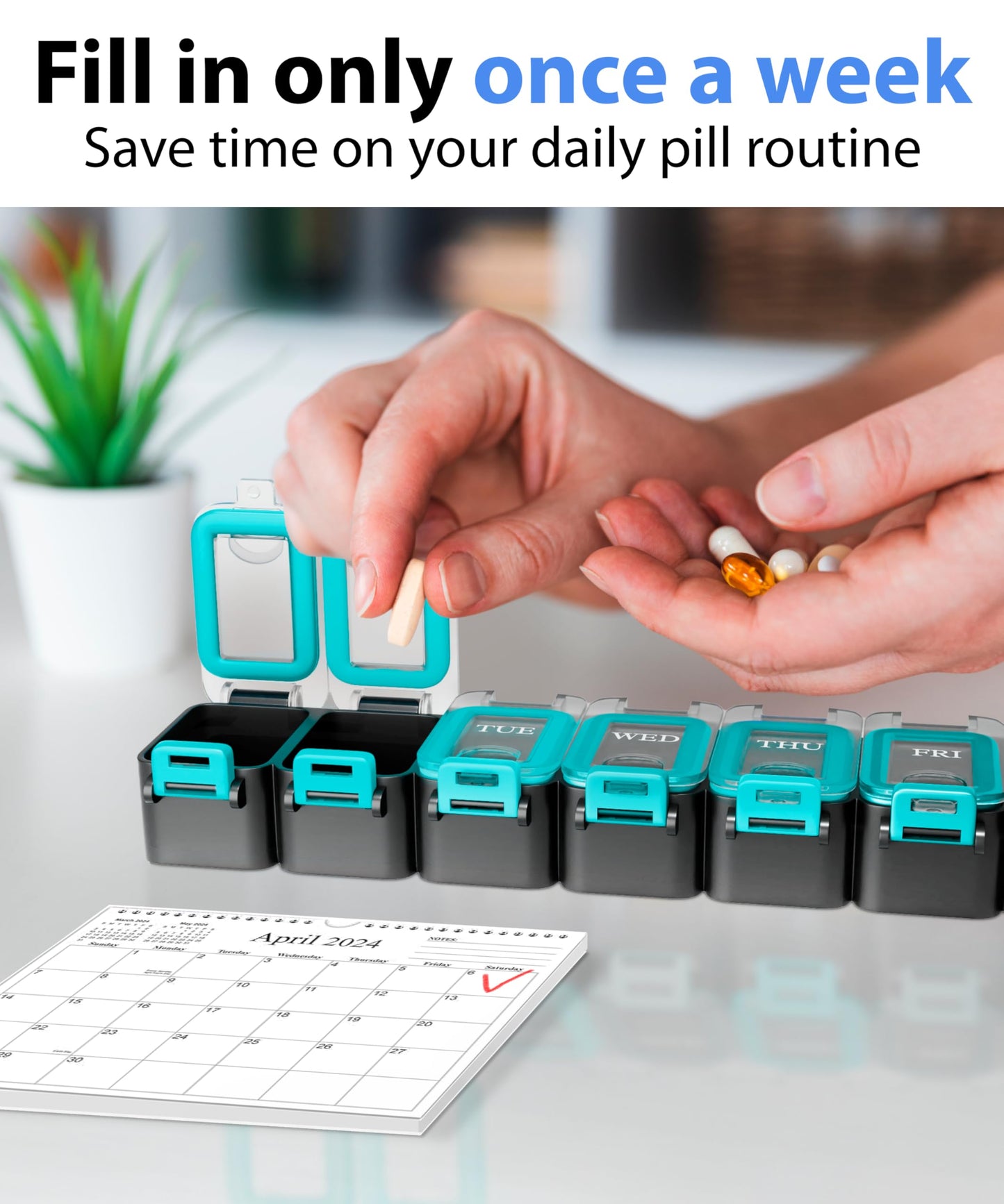 Weekly Pill Organizer 1 time a Day – Pill Box 7 Day with Enhanced Waterproof Seal, Large compartments Hold Big Vitamins & Supplements, Upgraded Locking lids, for Home & Travel use, Durable Hard case