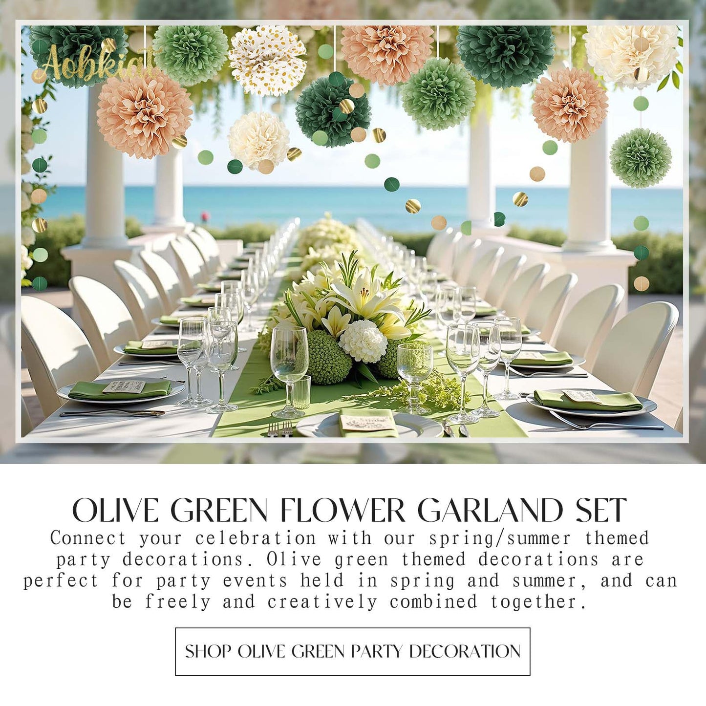 AOBKIAT Wedding Party Decorations Set,15PCS Green Tissue Paper Pom Poms,Dots Paper Garland String Hanging Backdrop for Engagement,Green Boho Wedding,Baby Shower