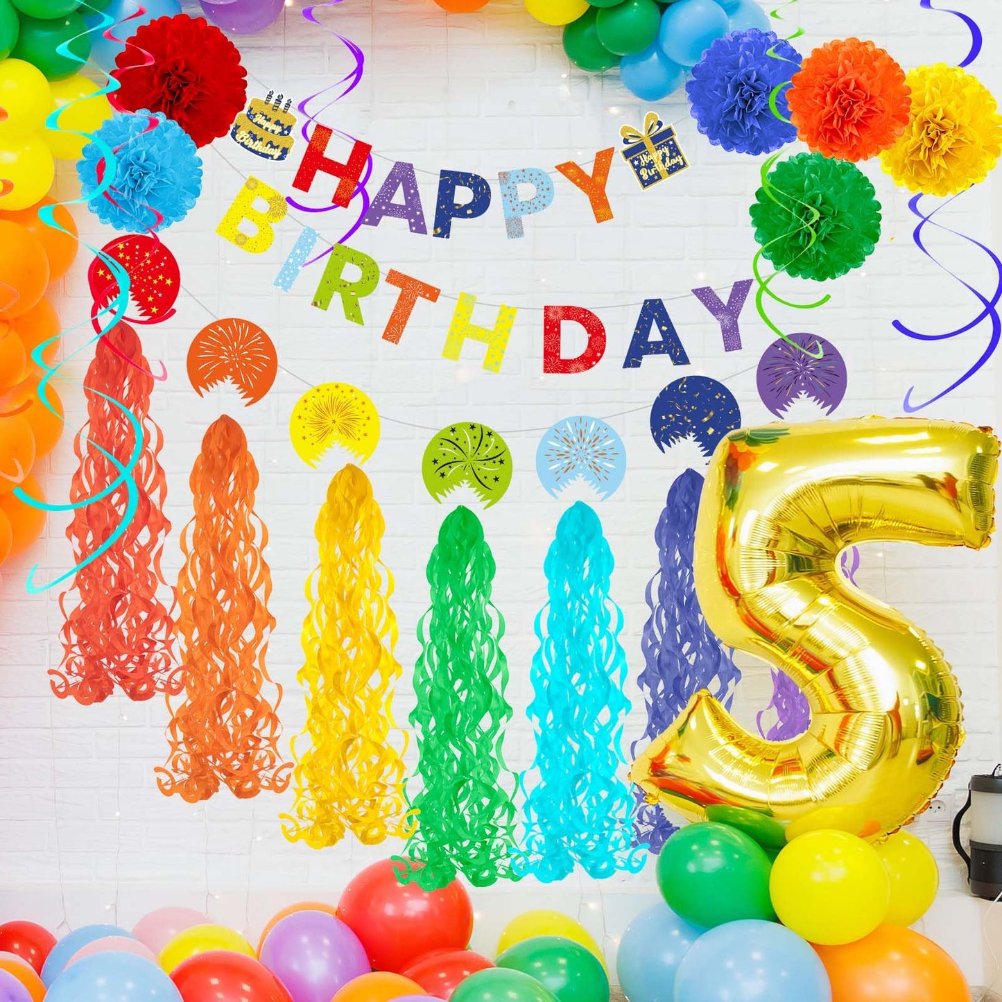 Rainbow Birthday Decorations Kit, 22Pcs Pre-Strung Happy Birthday Banner, Hanging Swirls & Paper Flowers for 21st 30th 40th 50th 60th Milestone Birthday Party Supplies