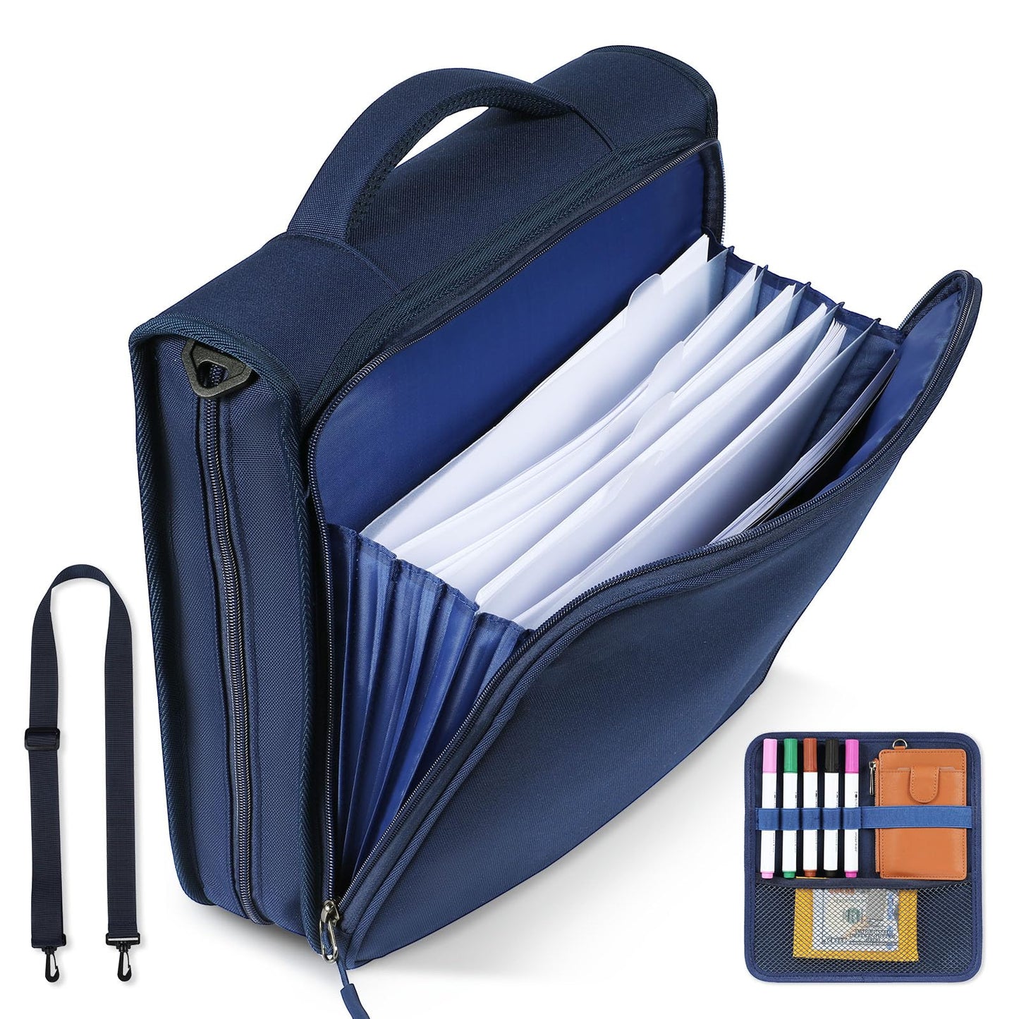 2 Inch 3 Ring Zipper Binder with Multi-Pocket, 6-Tab Expandable File Folder, Fits 14” Laptop, Zipper Bag Fits 500 Sheet Capacity with Handle & Shoulder Strap(Blue)