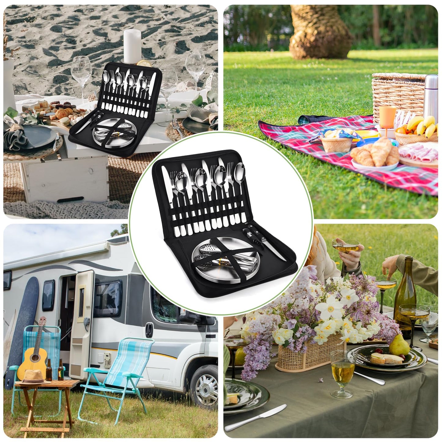 Camping Kitchen Utensils Set - 24 Piece Travel Silverware Cutlery Organizer with case Stainless Steel Reusable Cooking Utensils for 4 Person - Perfect for Hiking, Picnics, Backpacking & BBQ Mess Kit