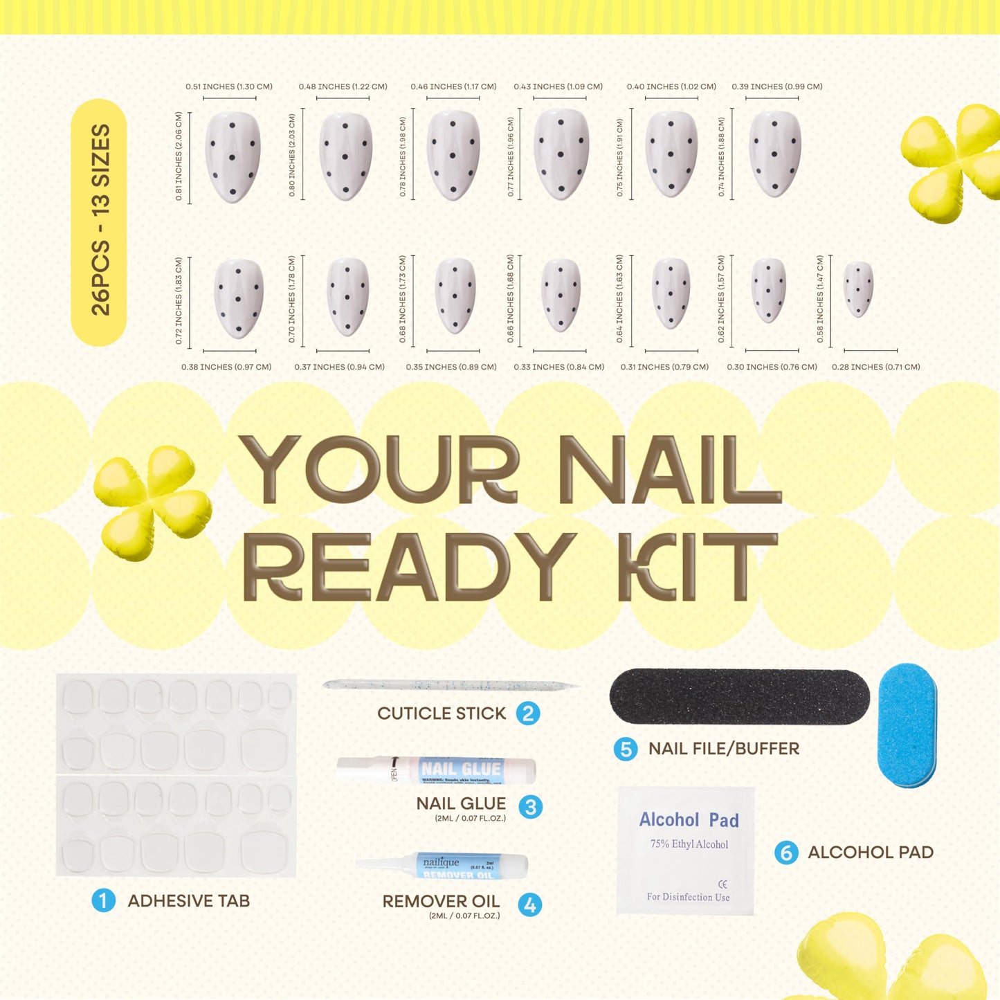 Nailique Press On Nails Short Almond – Handmade Chrome Glazed Donut Soft Gel White Black Polka Dot, 26pcs Reusable Nail Tips with Glue & Remover, Salon Quality Bridal Wedding Manicure