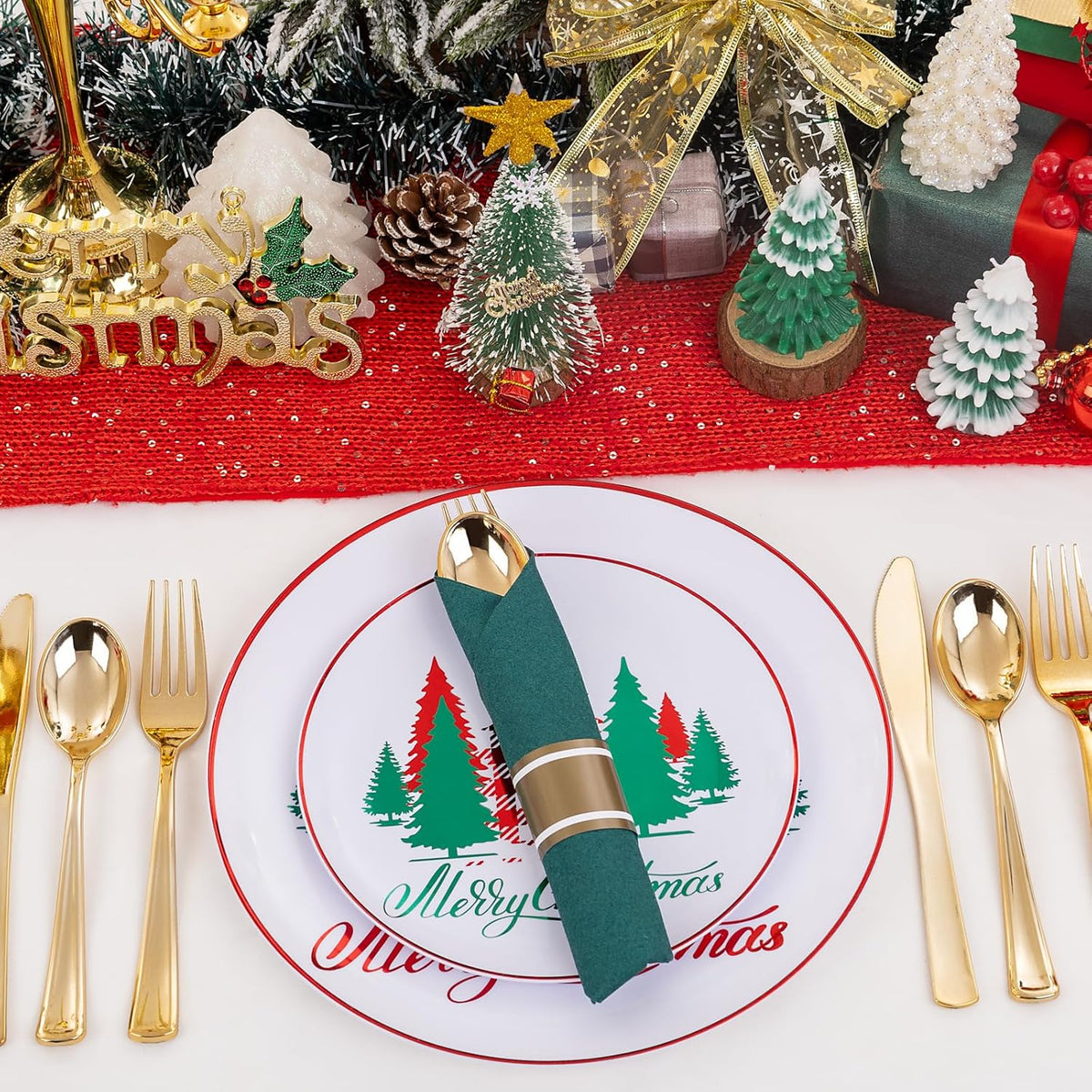 Supernal 240pcs Christmas Rolled Plastic Silverware,Gold Disposable Silverware,Wrapped Plastic Cutlery Set with Napkin,Pre Rolled Silverware Set Disposable,Christmas Cutlery Served for 60 Guests