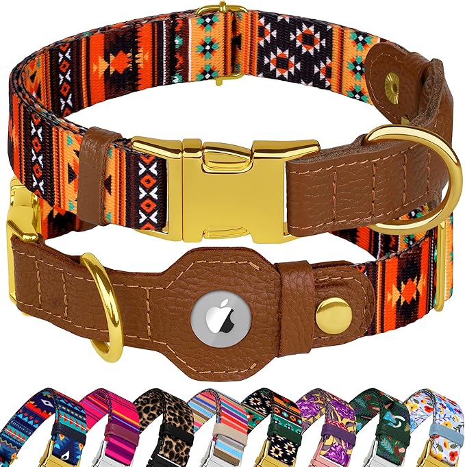AirTag Dog Collar for Small Medium Large Breed - Adjustable Cute Pattern Dog Collar with Airtag Holder - Soft Leather Tracker GPS Apple Air Tag Pet Collars (X-Large, 20"-25" Neck Fit, Navajo)