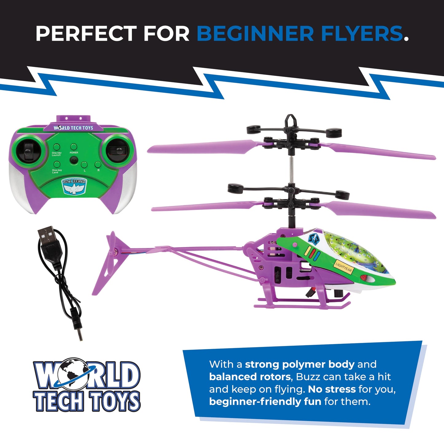 World Tech Toys Pixar Buzz Lightyear RC Helicopter – Easy‑Fly Remote Control Helicopter with LED Lights, Durable Body, Coaxial & Rear Rotors – Kids 8+
