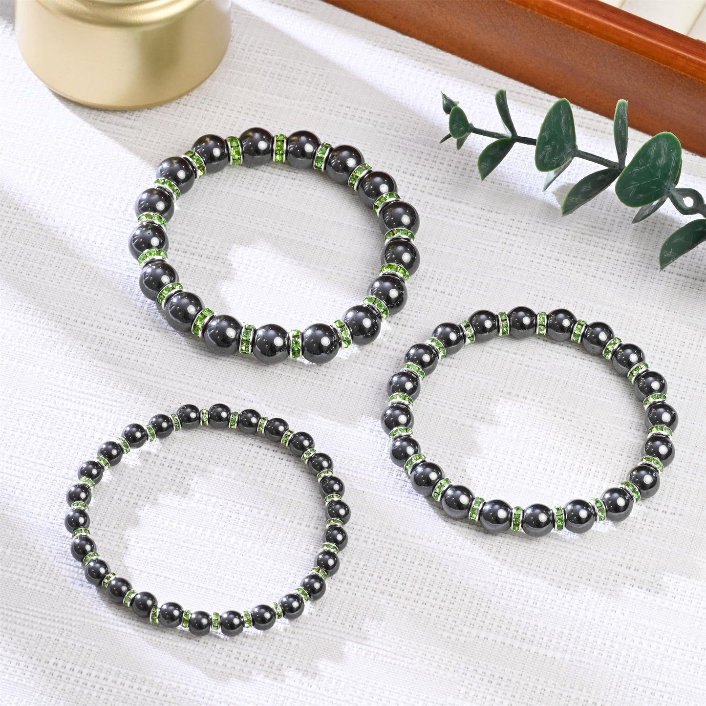 Apocalyptic-K Women's Magnetic Bracelet，Hematite Bracelets，Magnetic Bracelets With Zirconia,Handmade Stretch Bracelet，Eliminates static electricity. (Green Zirconia,10MM)
