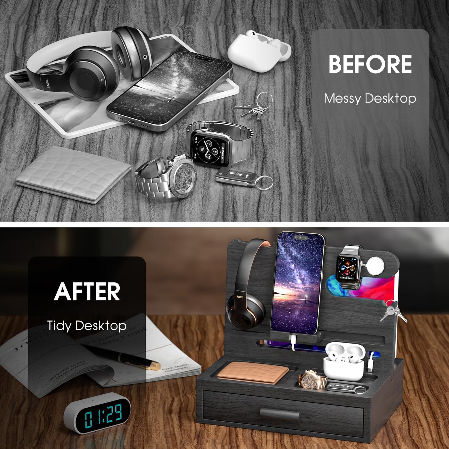 melafa365 Nightstand Organizer for Men,Phone Docking Station with Cable Management,Night Stand with Drawer,Bedside Organizer for Watches,Keys,Wallets,Gifts for Men（Black）