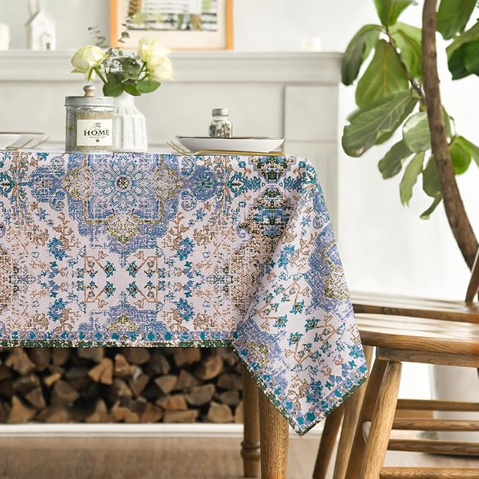 Horaldaily Boho Bohemia Style Tablecloth 60×104 Inch Rectangular, Blue Vintage Country Rustic Farmhouse Magical Fall Orange Washable Seasonal Table Cover for Party Picnic Dinner Decor