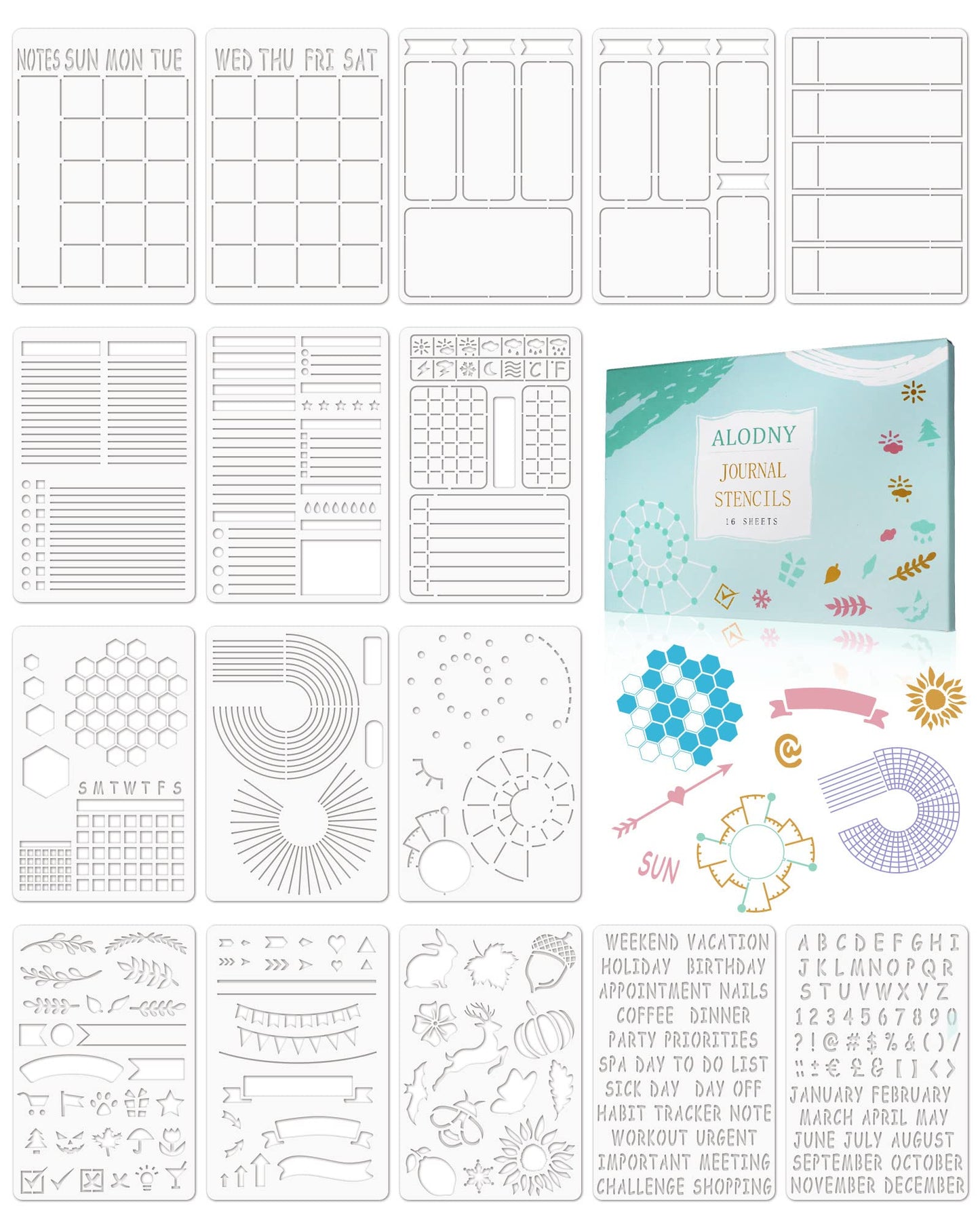 ALODNY 16 Pcs Journal Stencils Set - Time Saving Bullet Journaling Supplies/Accessories Kit -Ultimate Productivity Planner Stencil for Bullet Journal Stencils A5 Dotted Journals