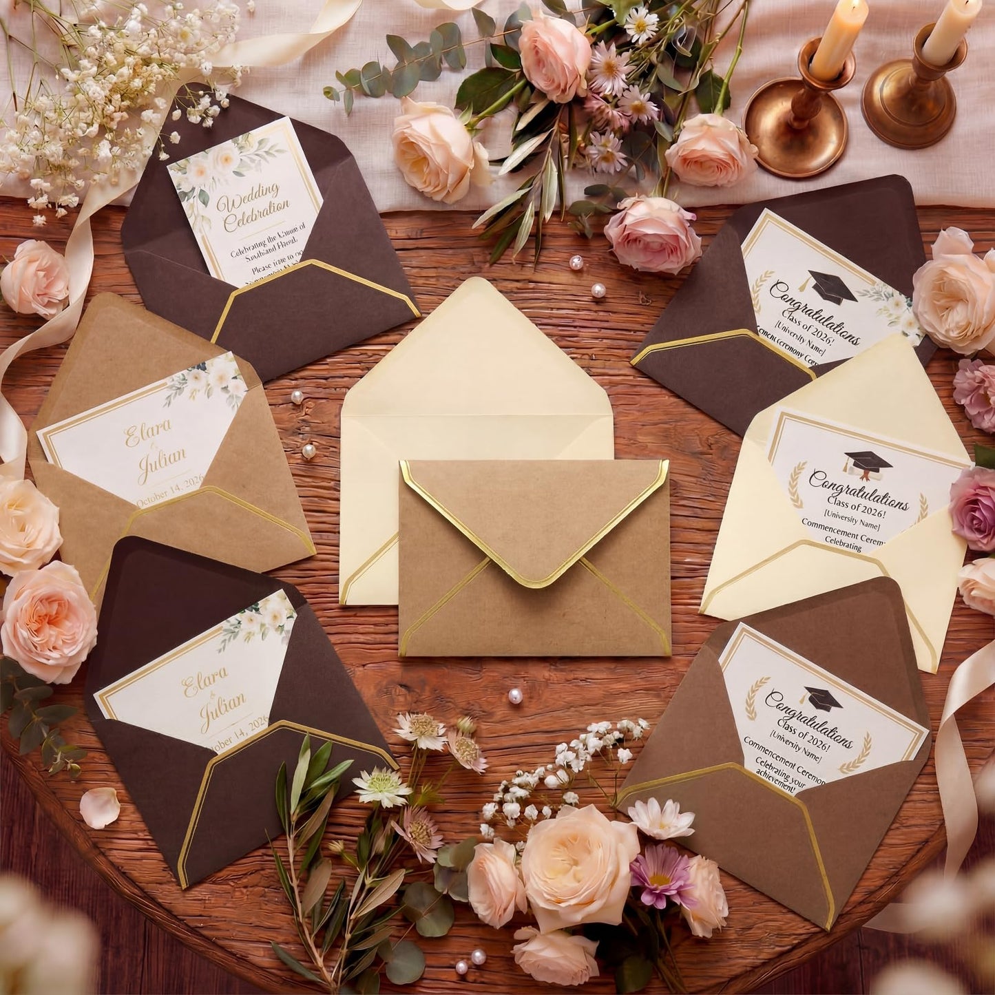 Cholemy Brown 4 x 6 Envelopes 50 Pack A6 Card Envelopes with Gold Border, 180 Gsm Self Adhesive V Flap Invitation Envelope for Wedding Bridal Shower Birthday Greeting Graduation Mailing Funeral
