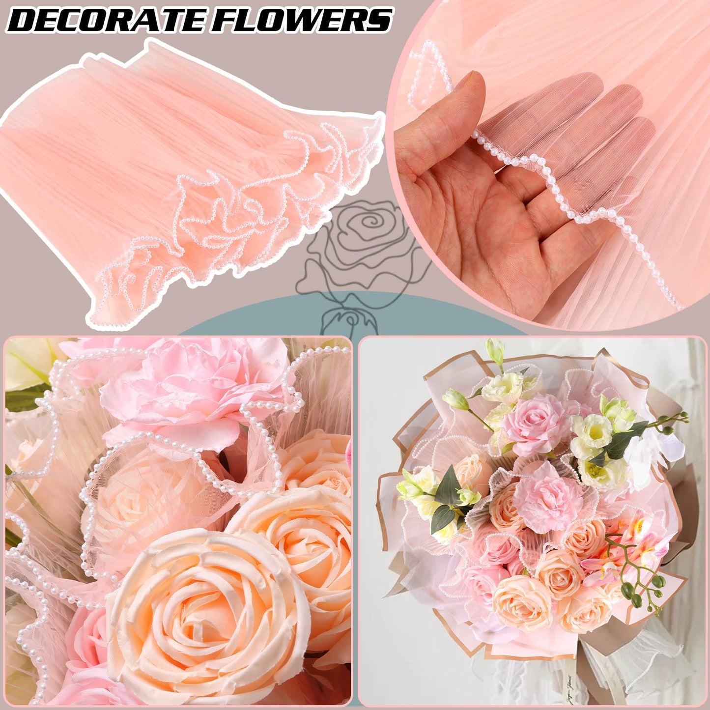 IWOLOMI 6 Pack Flower Wrapping Mesh Paper, 26.2 Yard Pearl Edge Bouquet Wrapping Packaging Mesh Paper Wrinkled Translucent for Florist Supplies Mothers Day Wedding Gift Packaging (Pink White Black)