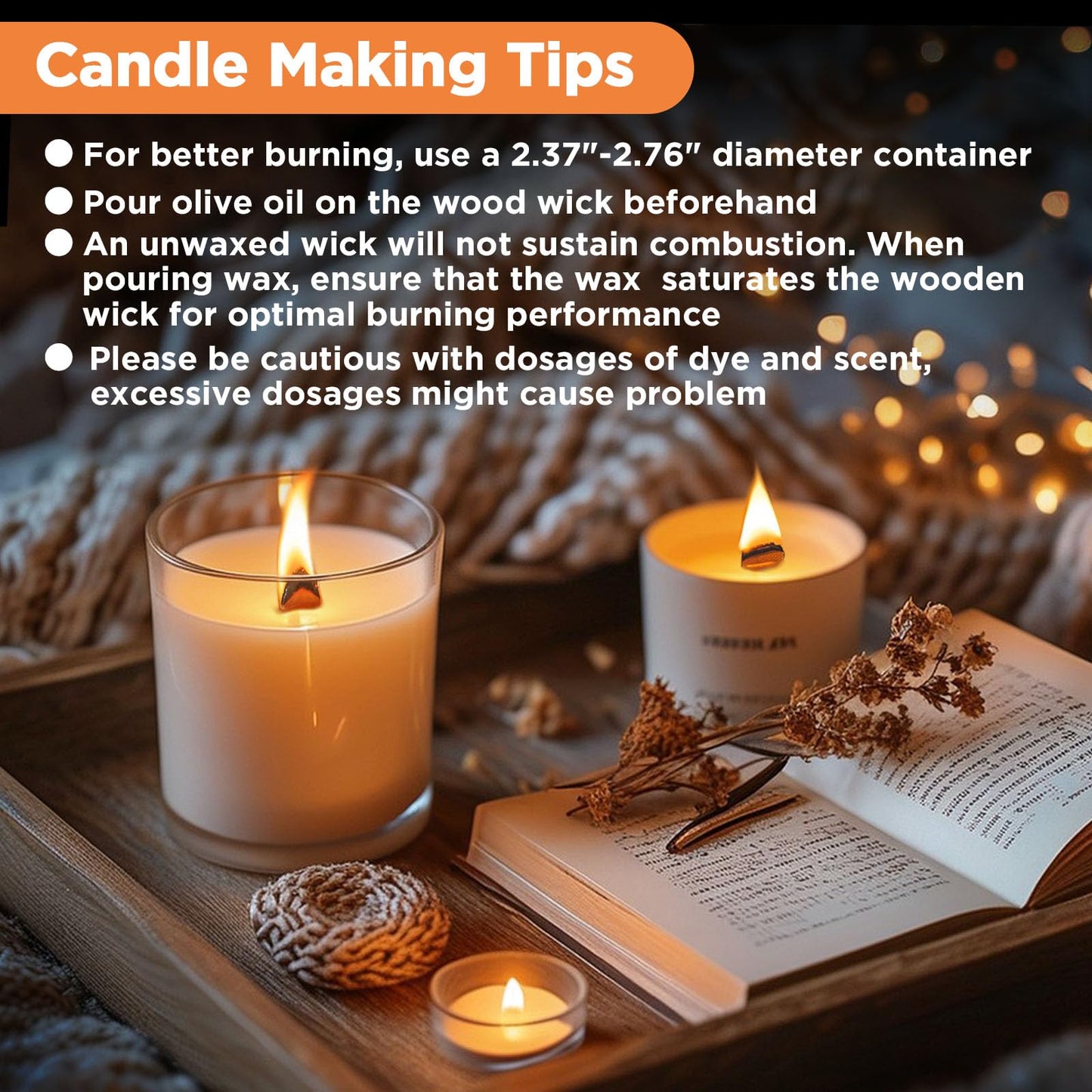 CollectHall 100 Pcs Thickened Wood Wicks, Wood Wicks for Candles Making with Wick Trimmer, Candle Wicks 5.1×0.5×0.04 Inches for DIY Candle-Making, Long Lasting Flame, Easy to Burn (50 Sets)