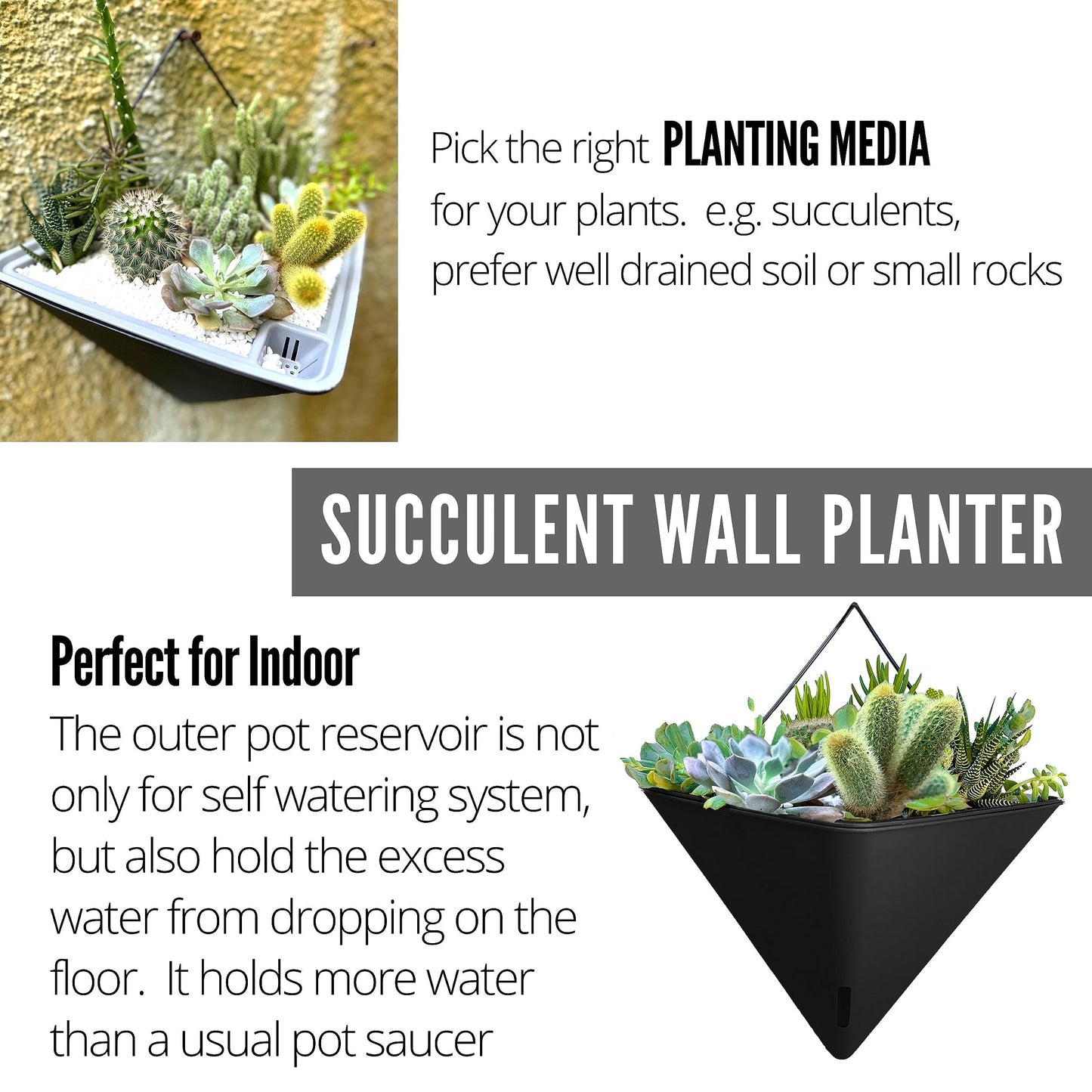 LaLaGreen Bundle - 12" x 6 Pack Black Large Self Watering Geometric Hanging Flower Vase Vessel with Metal Hanger, Modern Stylish Wall Mounted Succulent Pot Holder Decor