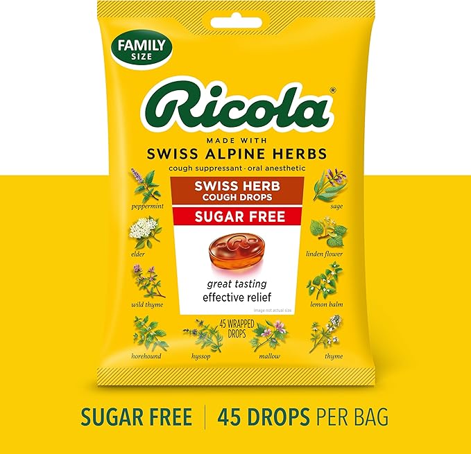 Ricola Sugar Free Original Natural Herb Cough Drops, 45 Count, Cough Suppressant & Throat Relieving Drops with Naturally Sourced Menthol, Pleasing Taste for Coughs & Throat Irritation Symptom Relief