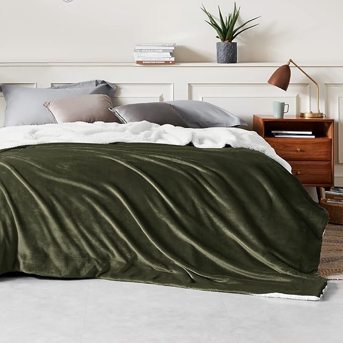 Bedsure Sherpa Fleece Blankets King Size for Bed - Thick and Warm, Soft Fuzzy Plush King Blanket for Winter, Olive Green, 108x90 Inches