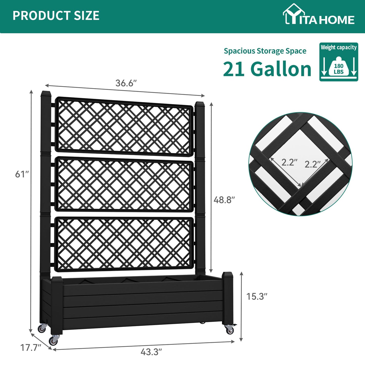 YITAHOME 3.6x1.5x5 FT Planter Box Trellis with Wheels, Large Outdoor Plastic Raised Garden Bed with Drain Plug for Climbing Plants, Black