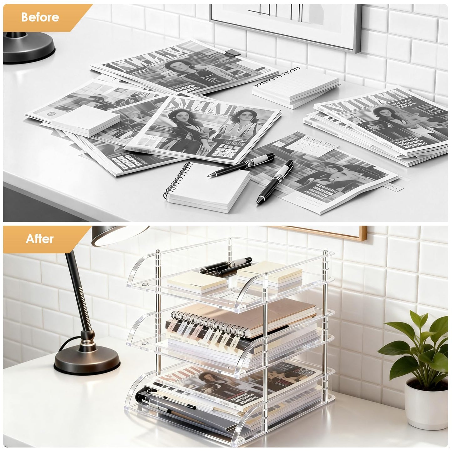 Desk Organizer and Storage,3-Tier File Paper Tray Organizers,Stackable Clear Desktop Organizer for Documents,Book Magazine Storage,Office Supplies (Clear,3 Pack)