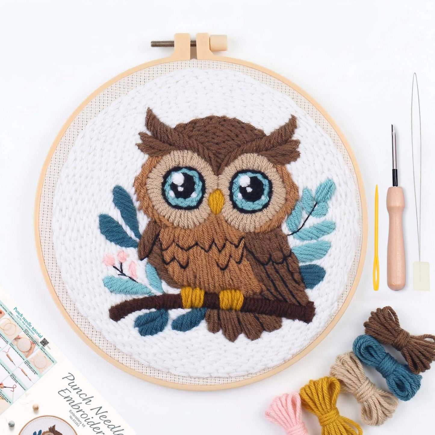 Harimau Punch Needle Kit Owl Pattern,1Pc Embroidery Hoop, Essential Punch Needle Supplies,Ideal Punch Art for Beginners,DIY Adults Embroidery, Video Teaching